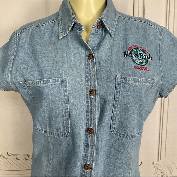 Vintage Hard Rock Cafe Cozumel Genuine Original Ladies Cap Sleeve Denim Top Lg - Picture 3 of 6